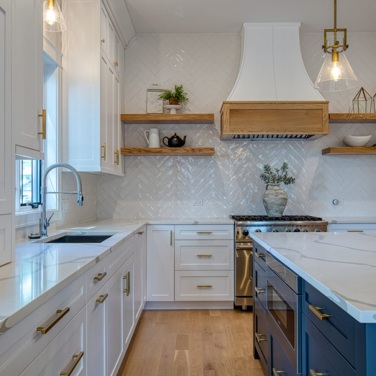 White Tile Backsplash Kitchen Renovations in Elmhurst, Chicago With Navy Island